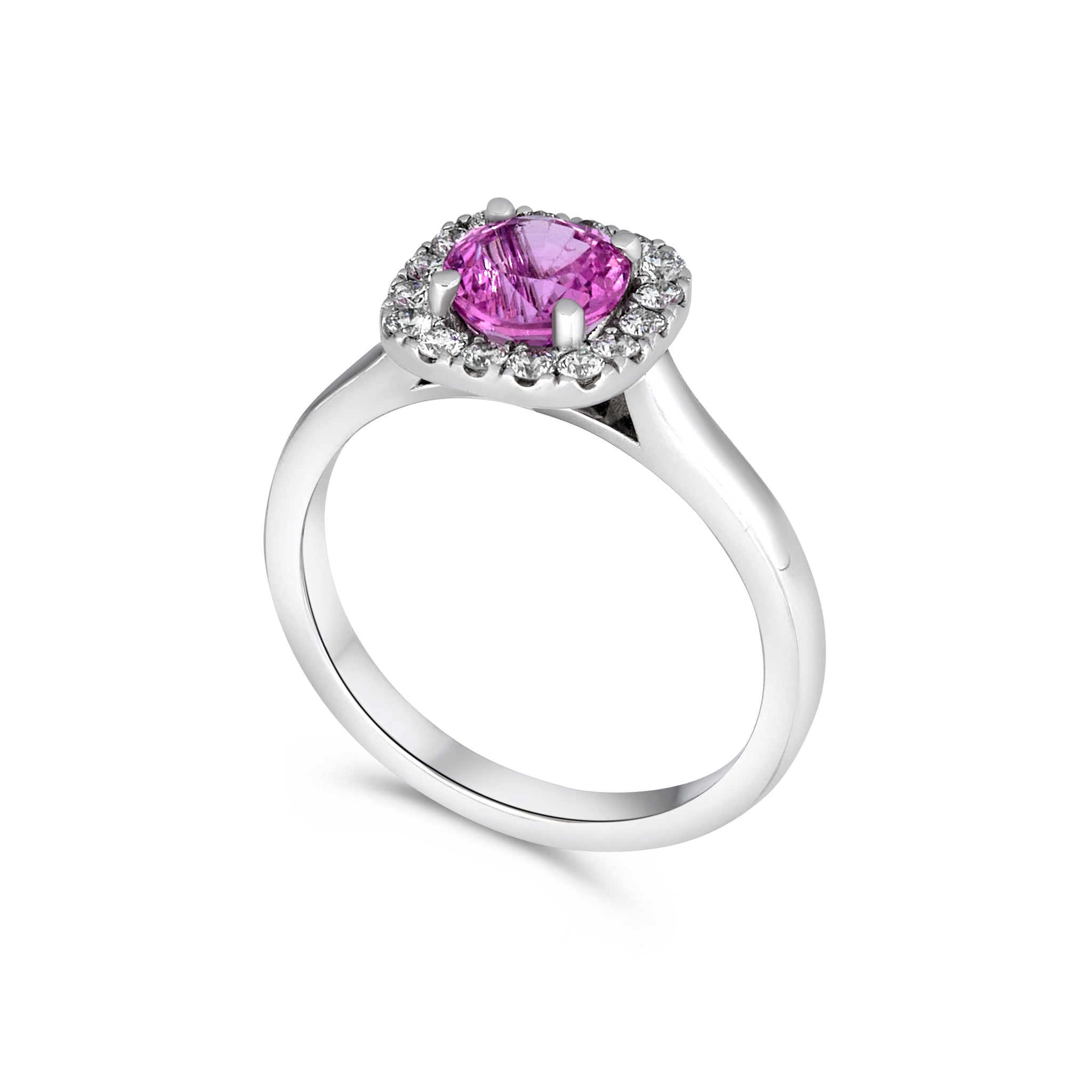 Pink Sapphire and Diamond Halo Engagement Ring
