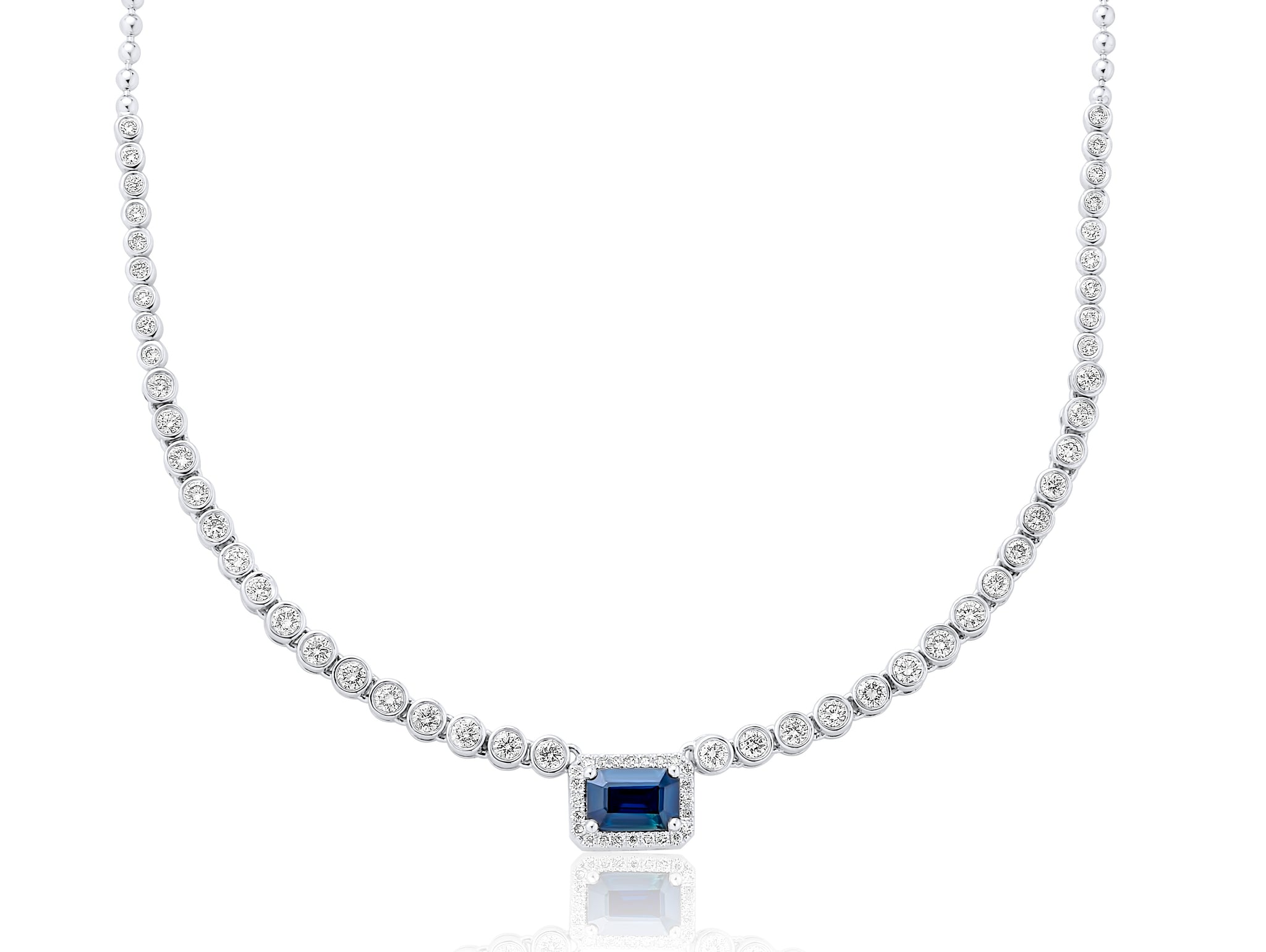 White Gold Bezel Set Sapphire and Diamond Necklace