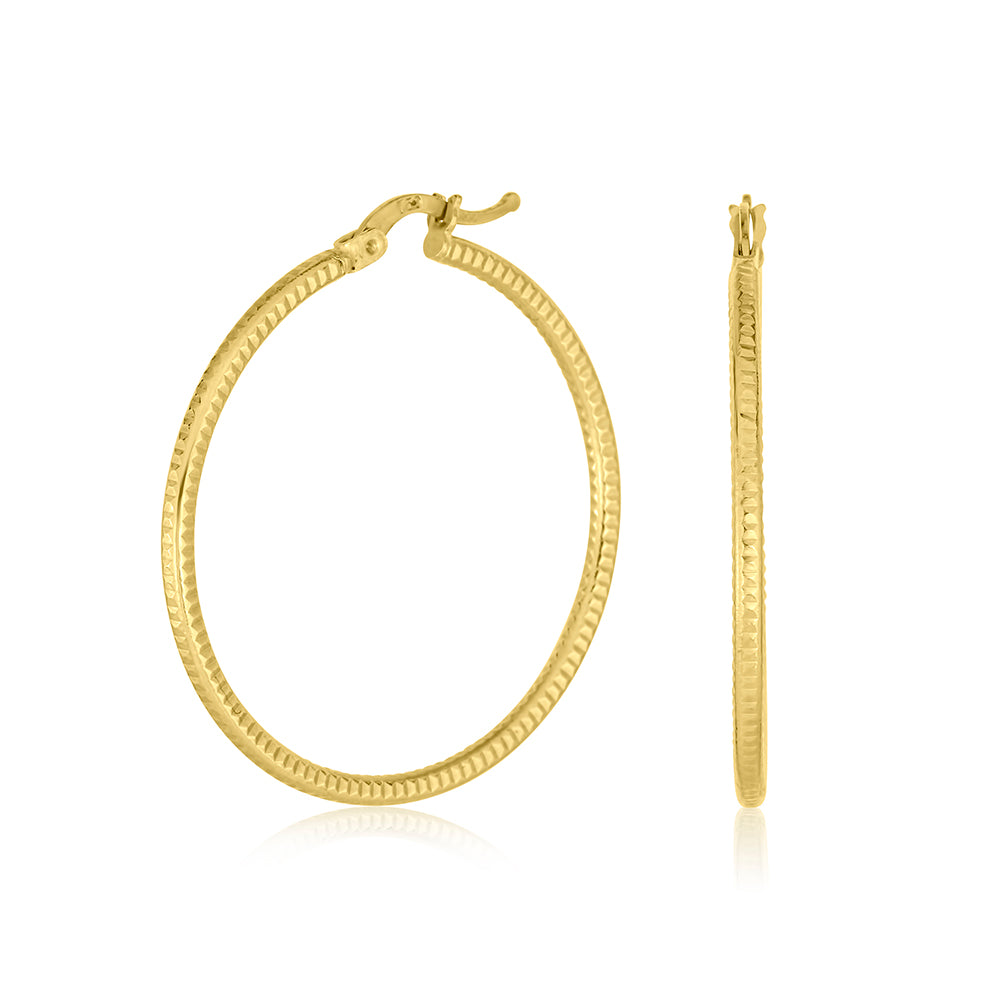 18K Yellow Gold Ridged Hoop Earrings (33mm)