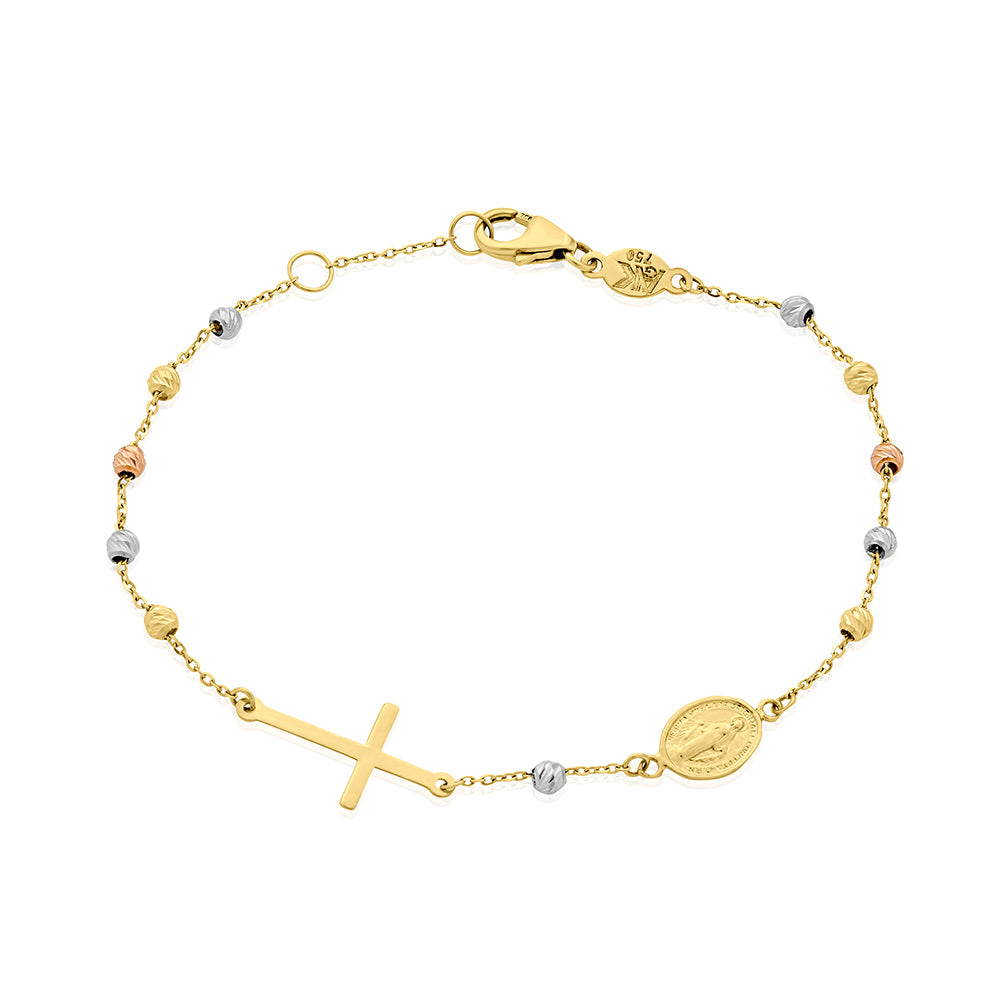 18K Tri Gold Beaded Crucifix Bracelet | Miro Jewelers