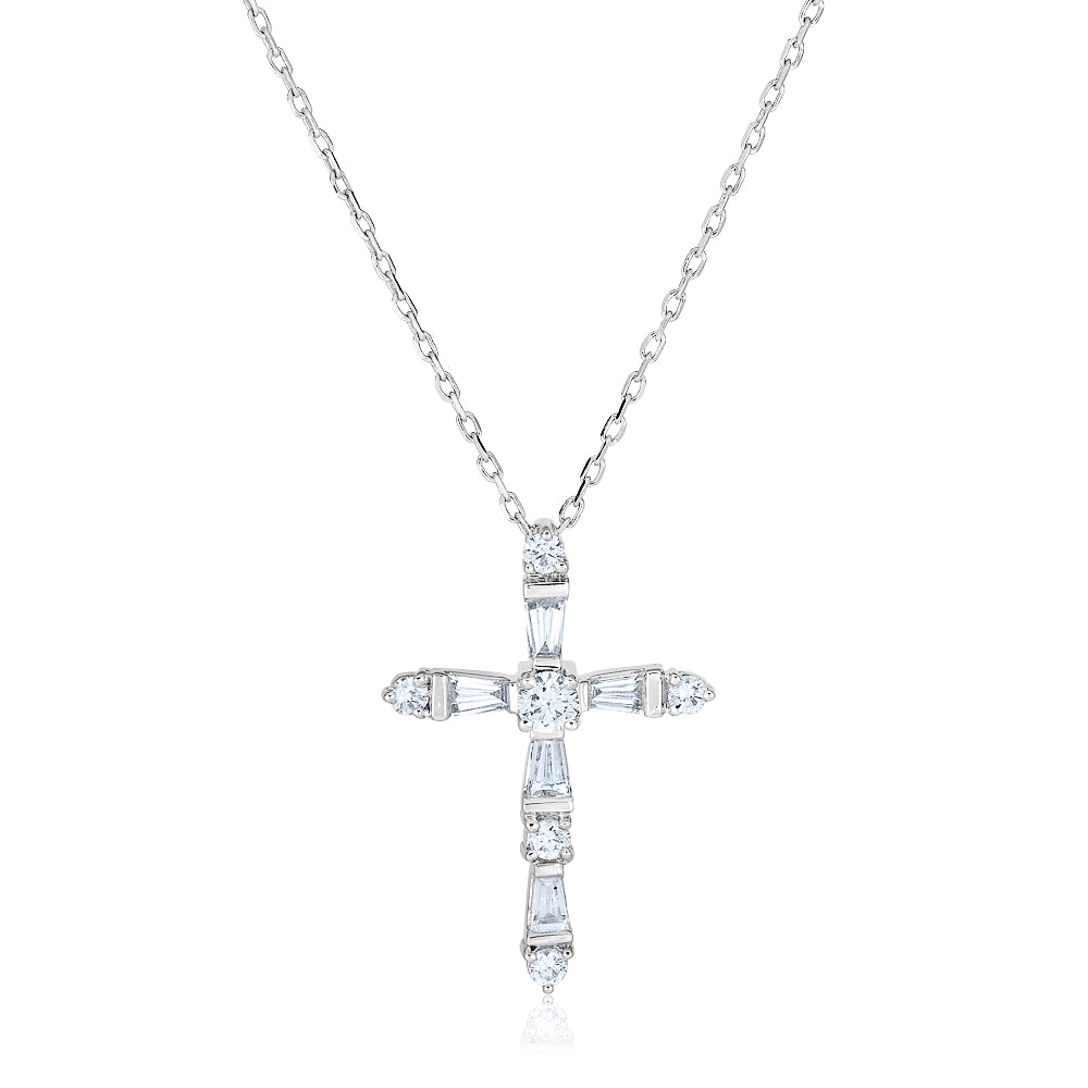 White Gold Baguette and Round Diamond Cross Necklace
