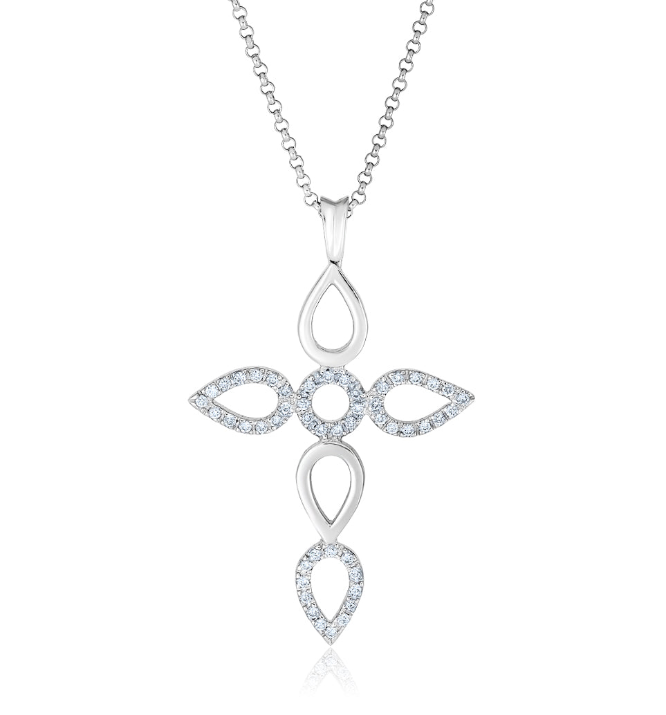 White Gold Large Diamond Cross Necklace Open Pear Shapes