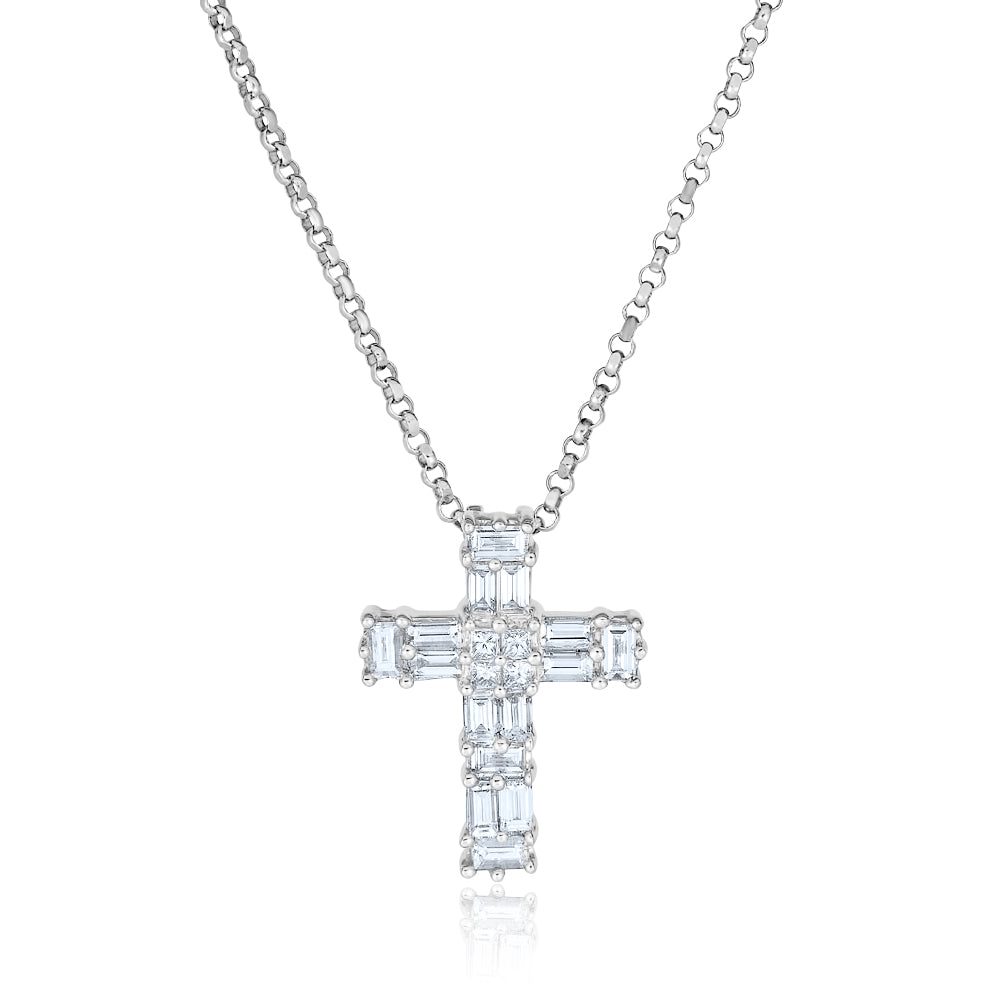 White Gold Double Row Baguette Cross Necklace