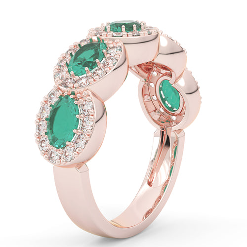 Five Stone Oval Emerald Ring with Diamond Halo Miro Jewelers
