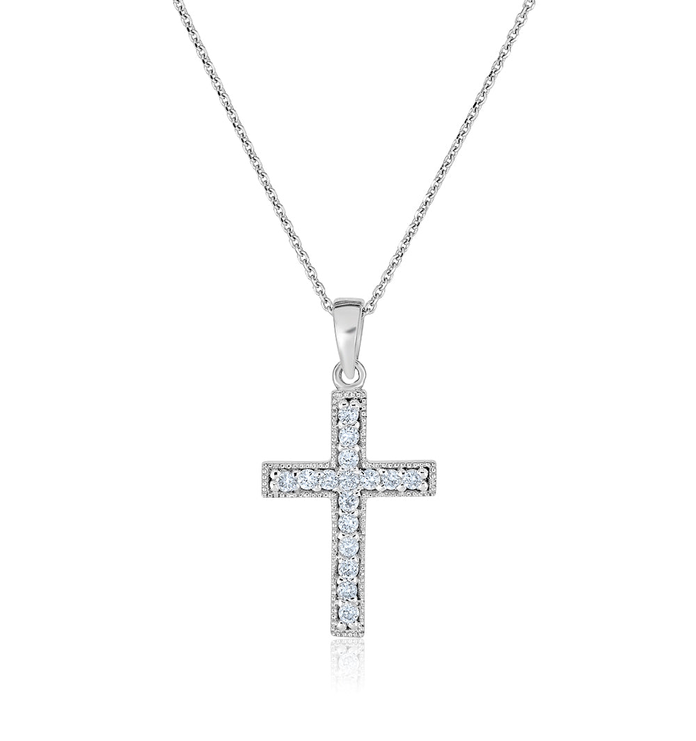White Gold Diamond Cross Necklace with Milgrain Accents