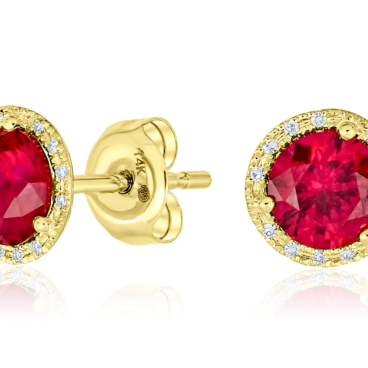 Yellow Gold Red Corundum and Diamond Halo Earrings