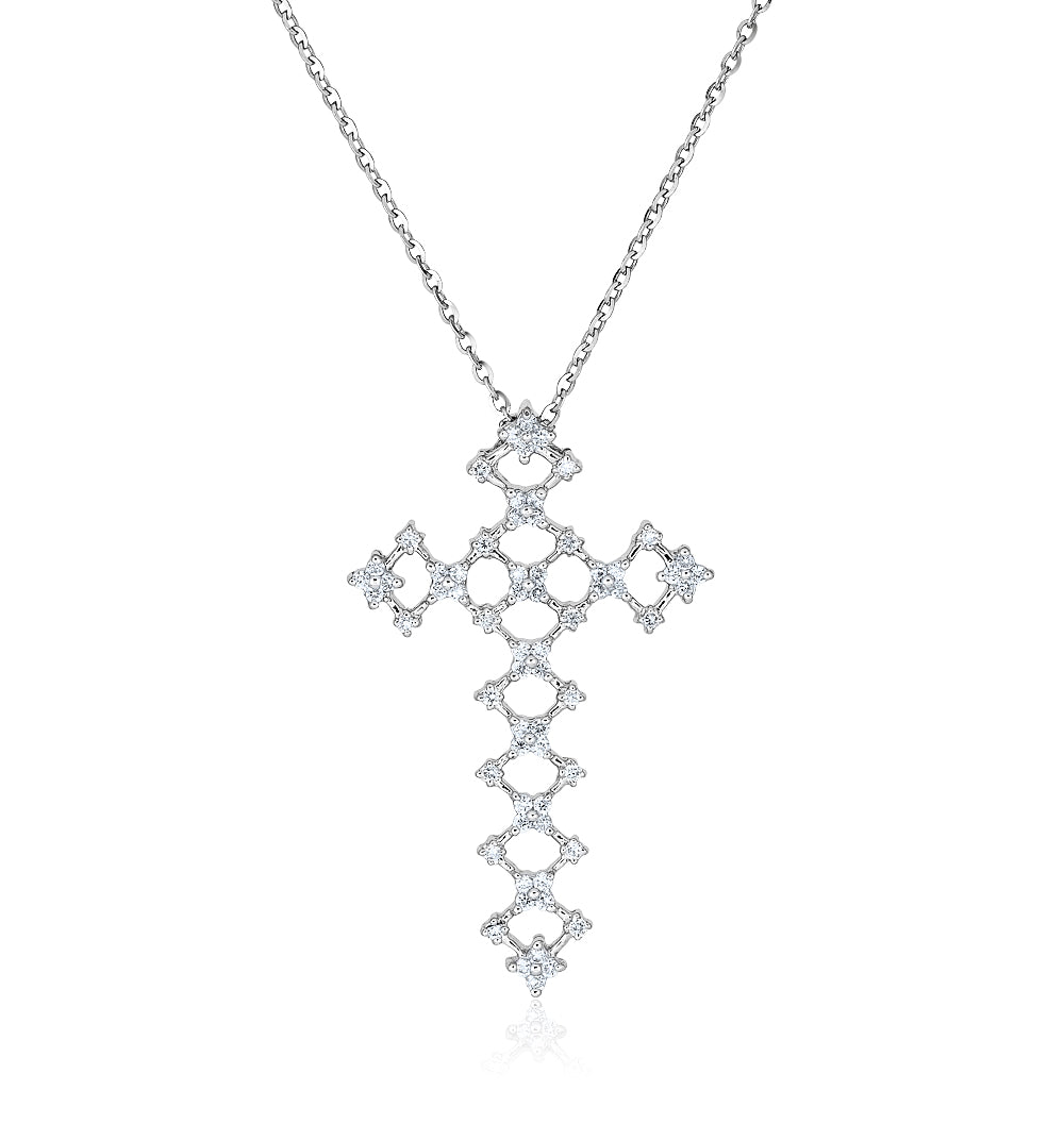 White Gold Large Diamond Cross Necklace with Lace Style Design